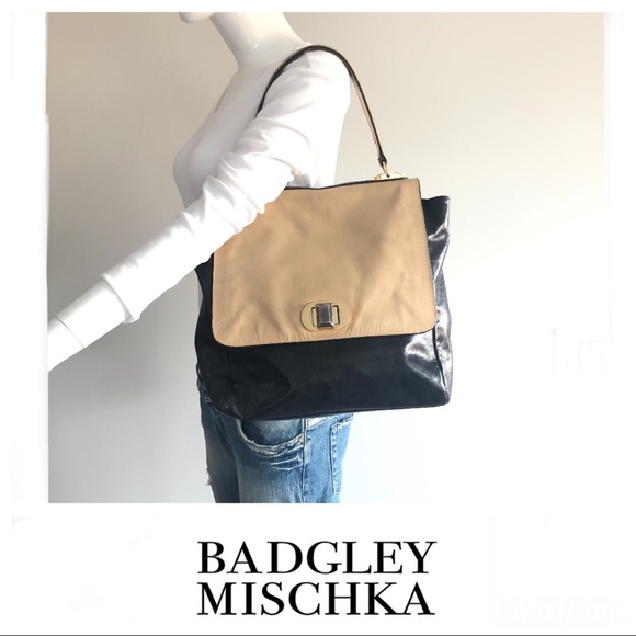 Badgley Mischka Handbags - BADGLEY MISCHKA Black Beige Leather Flap Top Tote
